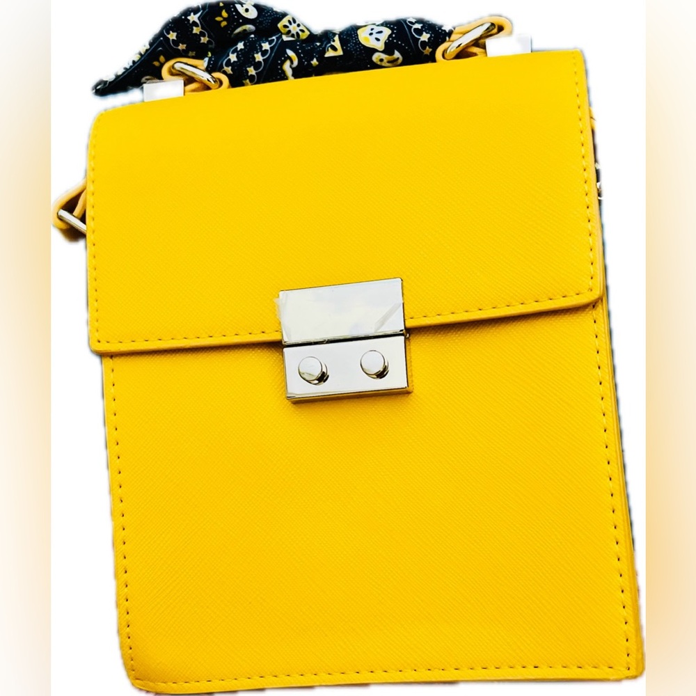 ZARA FAUX LEATHER IN MUSTARD RECTANGULAR BAG WITH SCARF & GOLD TONE ACCENT, SZ S - Picture 5 of 6